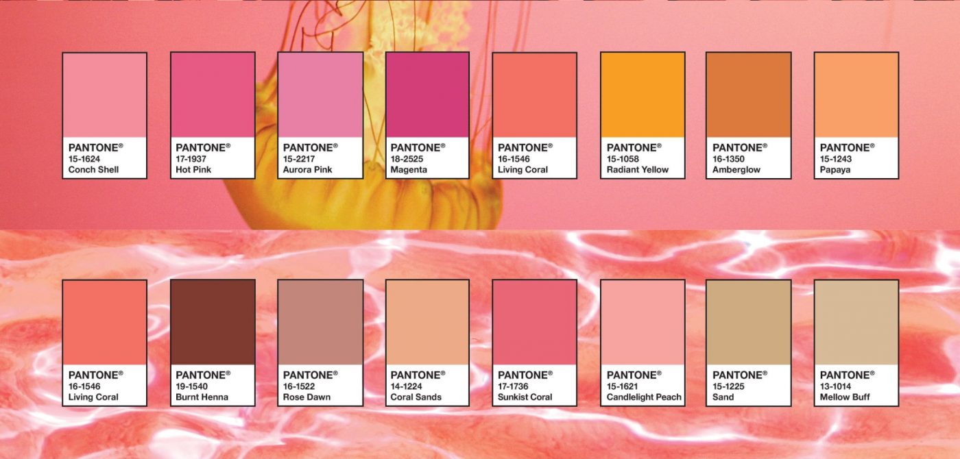 Two palettes to combine the Pantone colour Living Coral in your home. 